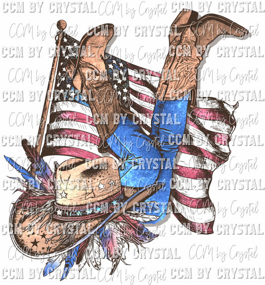 Boots Flag America Pocket Sleeve Western Fourth of July Patriotic Ready to Press Transfer