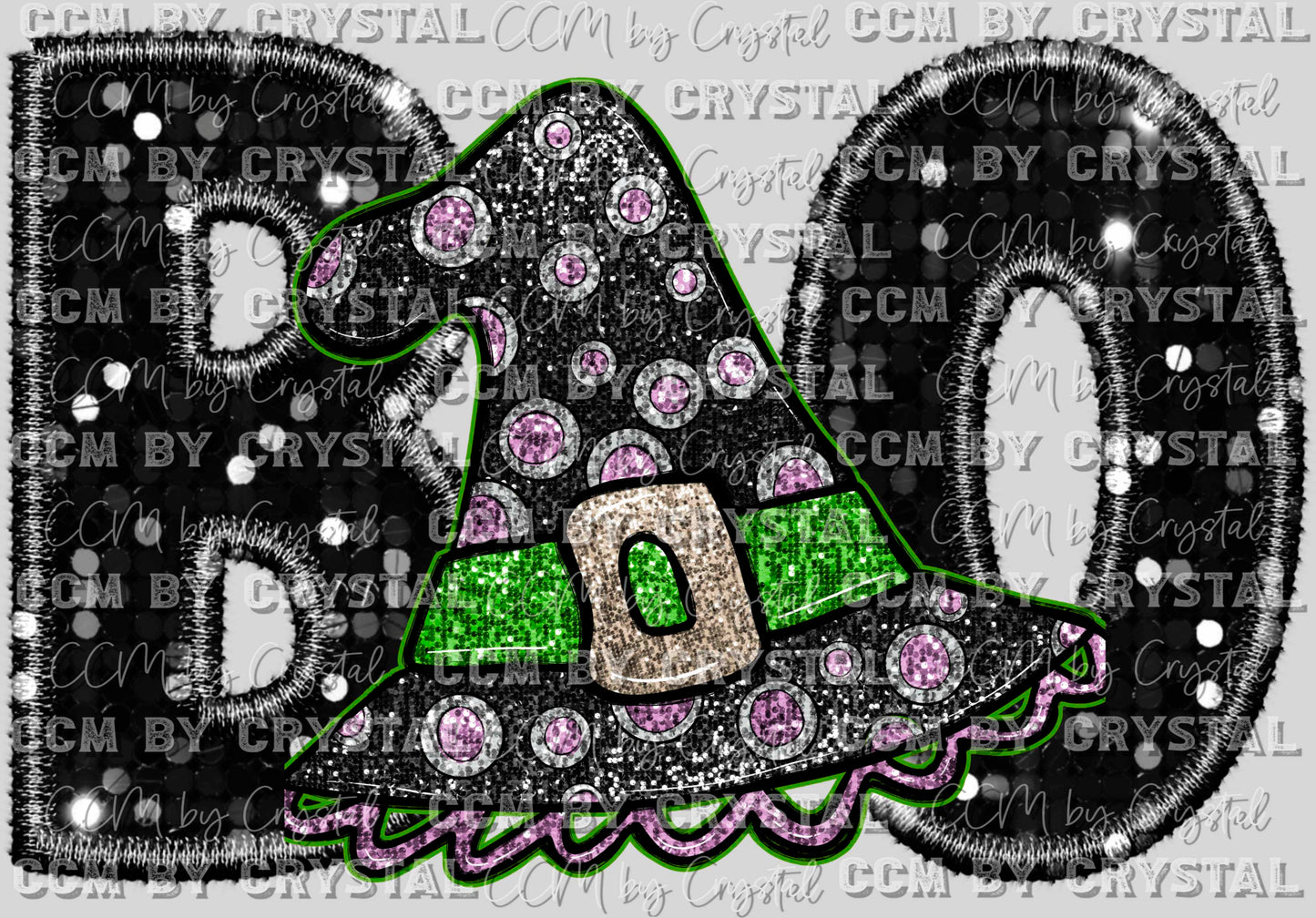 Boo Witch Hat Faux Embroidery Faux Sequins Halloween Fall Ready to Press Transfer