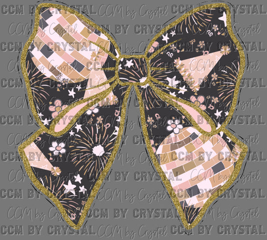New Year Disco Bow Faux Glitter Ready to Press Instant Peel DTF Transfers Sublimation Transfers