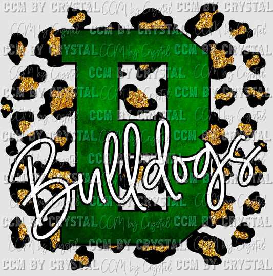 B with Bulldogs Green with Gold Leopard Background Mascot Ready to Press Transfer