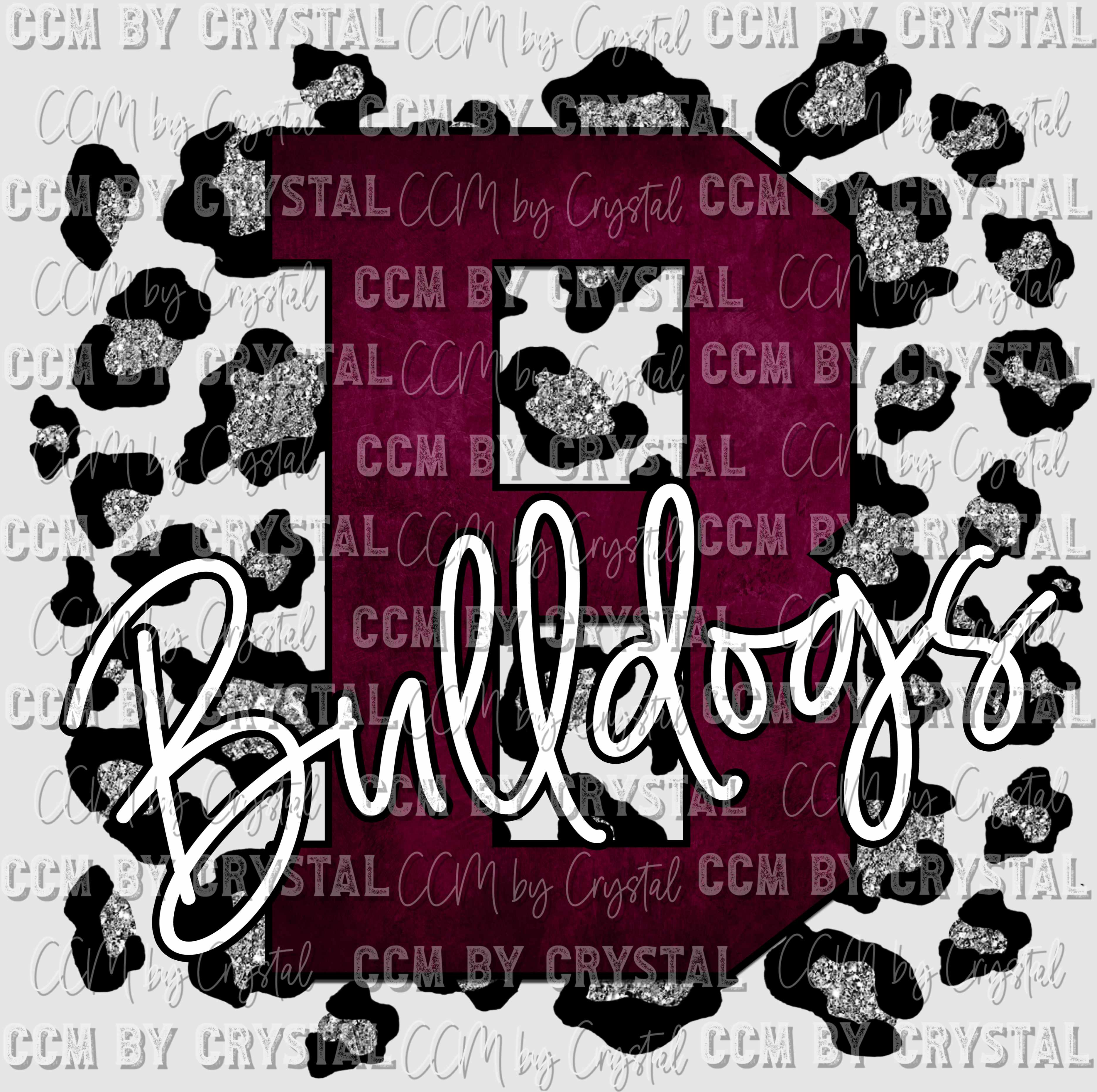 B Bulldogs Maroon with Silver Leopard Background Mascot Ready to Press Transfer