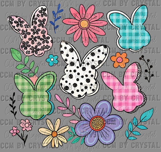 Easter Bunnies and Flowers Ready to Press Transfer DTF Transfer Sublimation Transfer