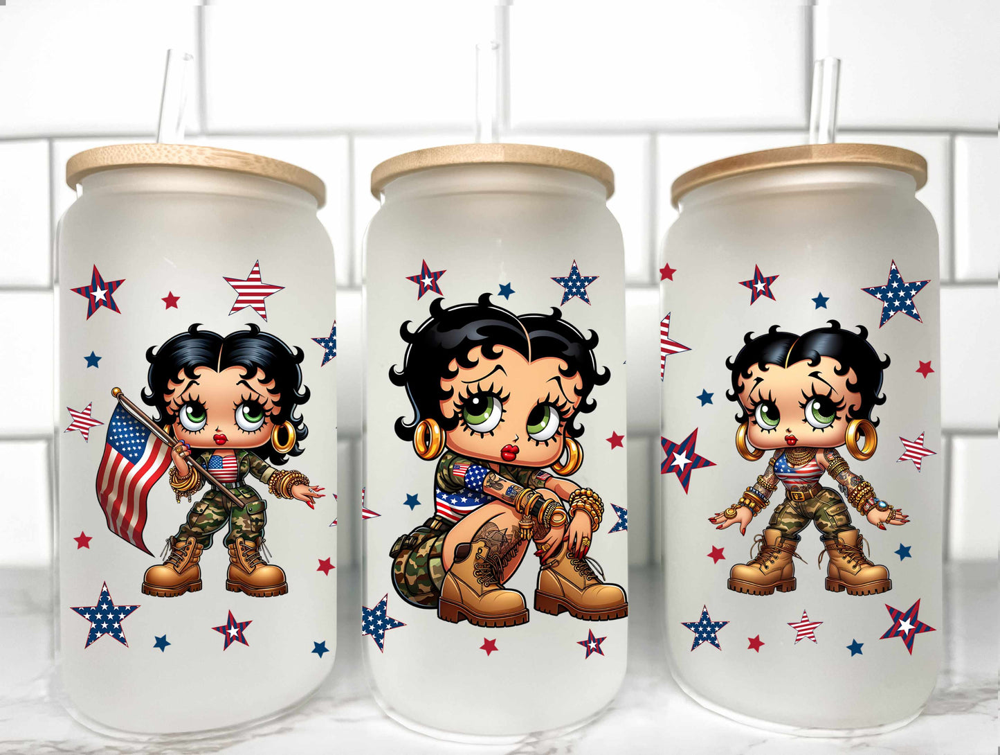 Cartoon Army USA UV Transfer 16oz Libby Glass Can Wrap Ready to Apply