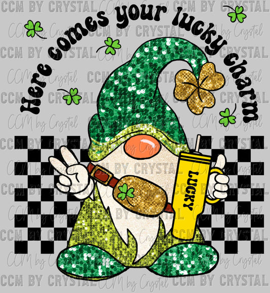 Here Comes Your Lucky Charm St. Patrick's Day Gnome Faux Sequins Ready to Press Transfer
