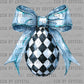 Checkered Blue Bow Easter Egg Faux Glitter Ready to Press DTF Transfers Sublimation Transfers