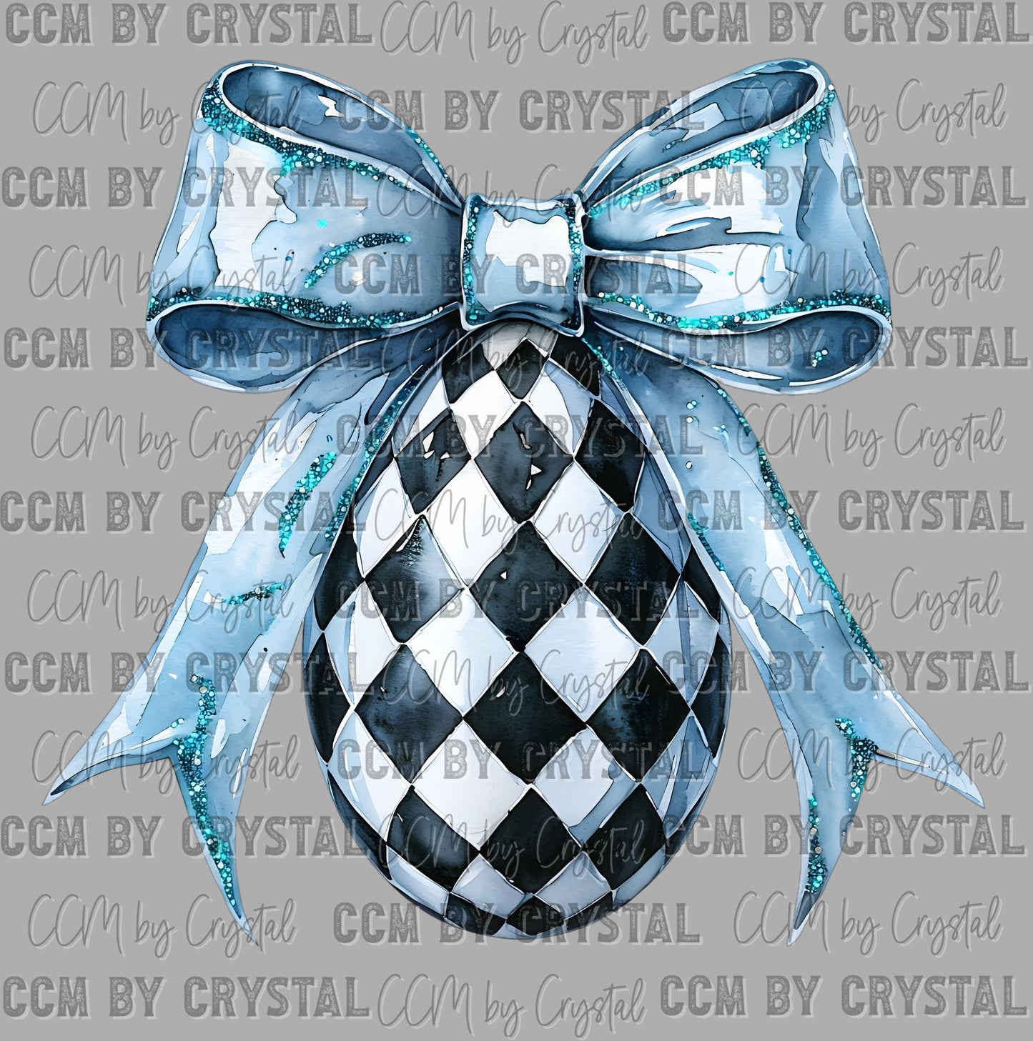 Checkered Blue Bow Easter Egg Faux Glitter Ready to Press DTF Transfers Sublimation Transfers