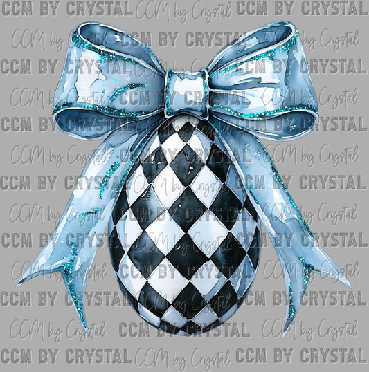 Checkered Blue Bow Easter Egg Faux Glitter Ready to Press DTF Transfers Sublimation Transfers