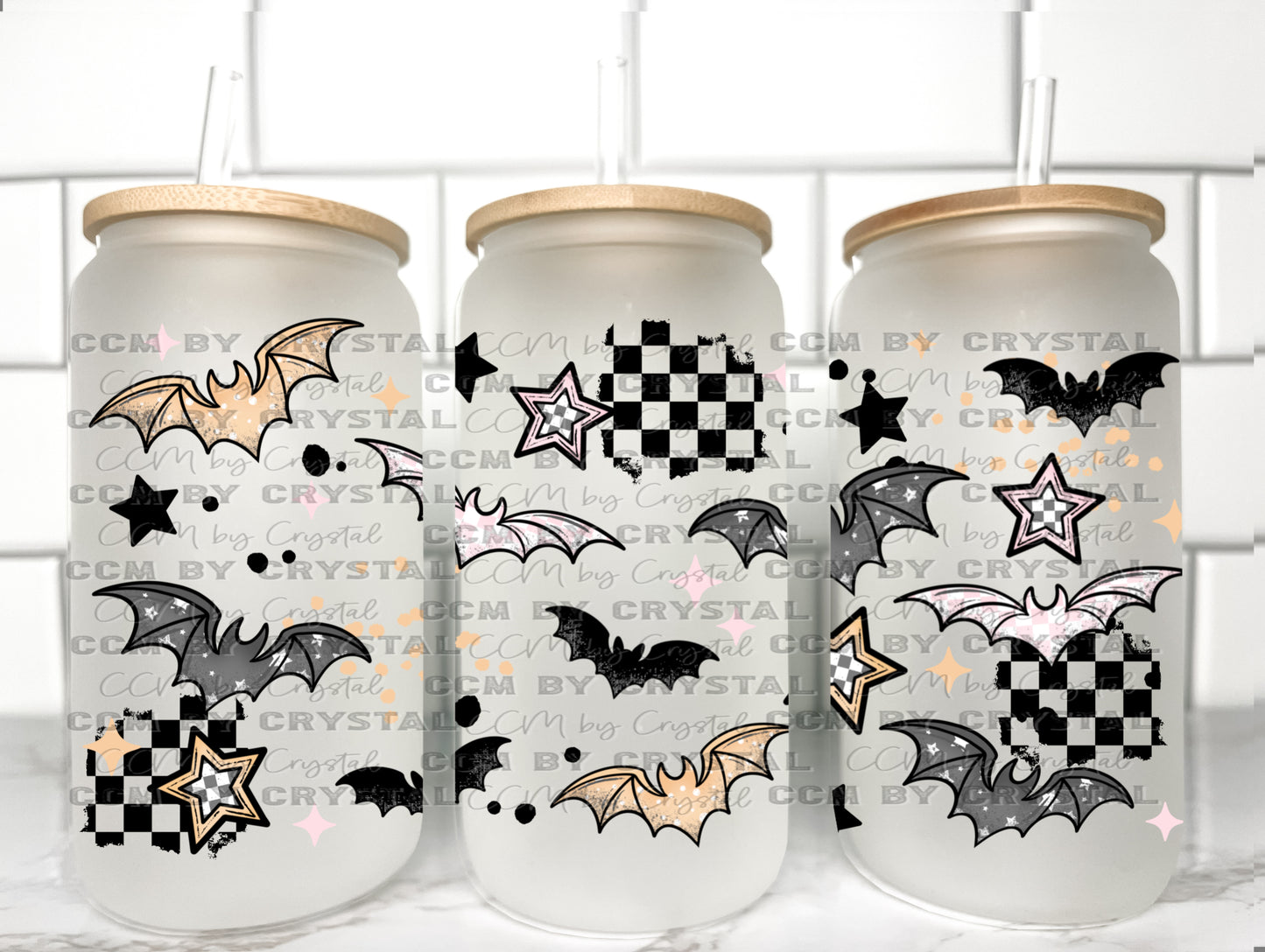 Checkered Bats Halloween UV Transfer 16oz Libby Glass Can Wrap Ready to Apply