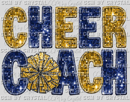 Cheer Coach Faux Sequins Faux Embroidery Blue Gold Ready to Press Transfer