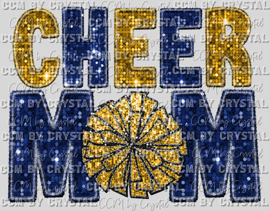 Cheer Mom Faux Sequins Faux Embroidery Blue Gold Ready to Press Transfer