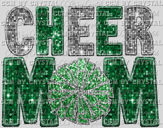 Cheer Mom Faux Sequins Faux Embroidery Green Silver Ready to Press Transfer
