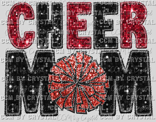 Cheer Mom Faux Sequins Faux Embroidery Red Black Ready to Press Transfer