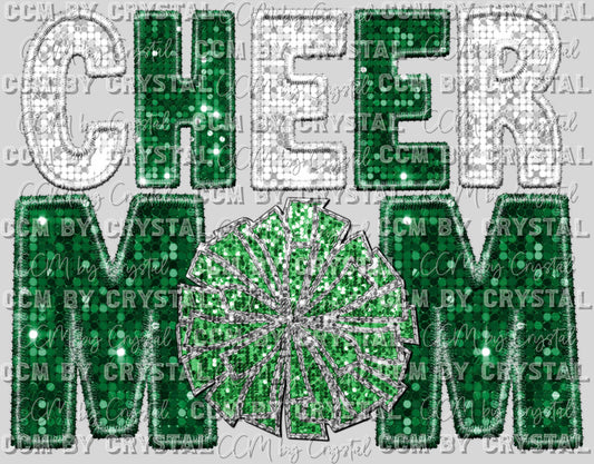 Cheer Mom Faux Sequins Faux Embroidery Green White Ready to Press Transfer