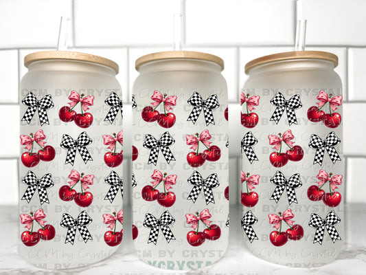 Checkered Cherries Bows UV Transfer 16oz Libby Glass Can Wrap Ready to Apply