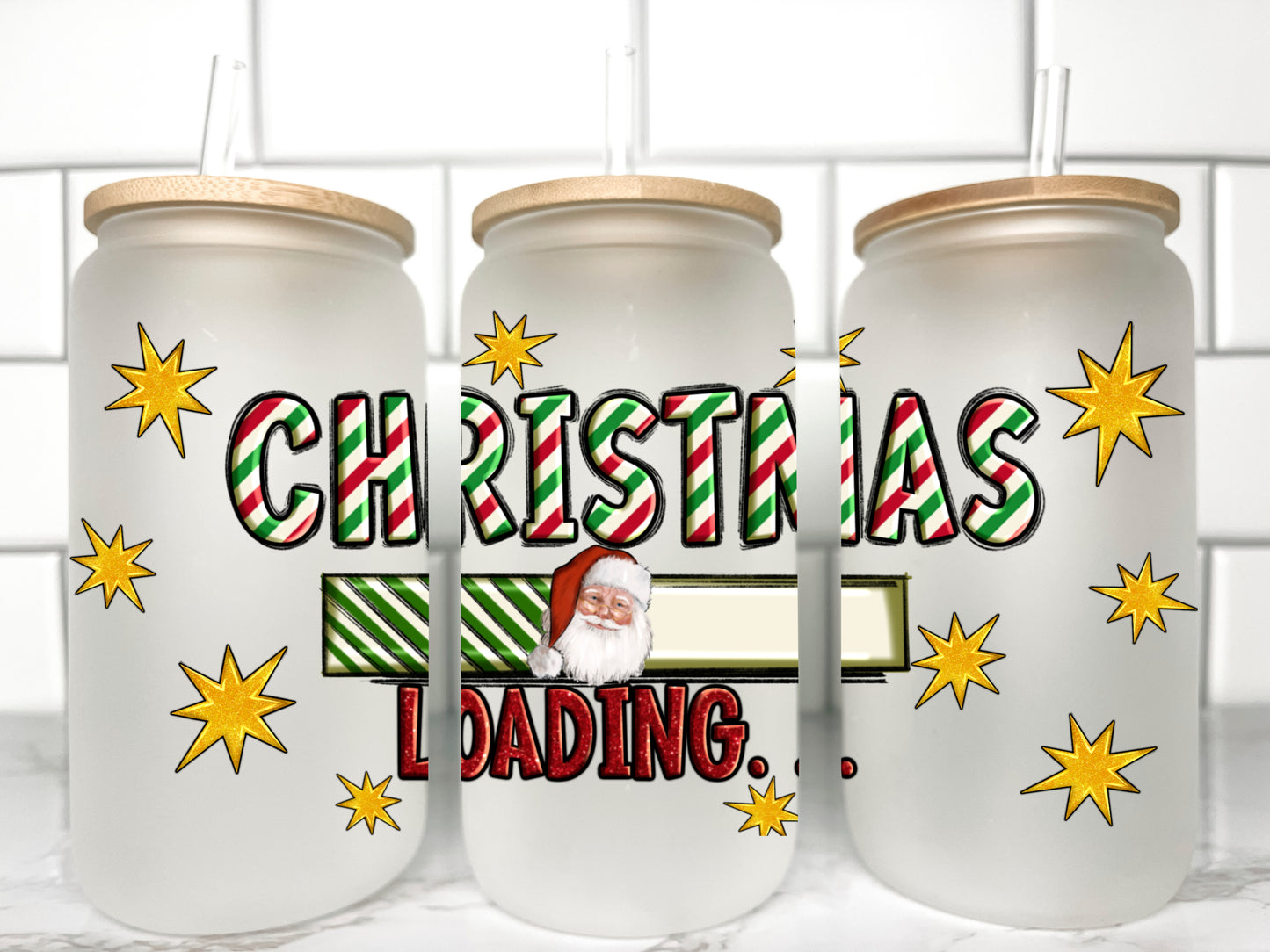 Christmas Loading UV DTF Transfer 16oz Libby Glass Can Wrap Ready to Apply