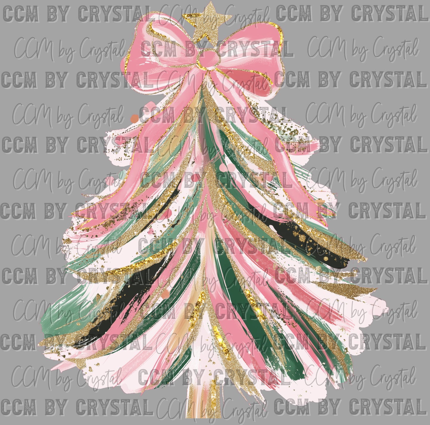 Christmas Tree Brushstrokes with Bow Faux Glitter Ready to Press Transfer DTF Transfer Sublimation Transfer