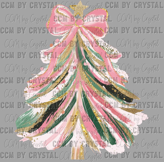 Christmas Tree Brushstrokes with Bow Faux Glitter Ready to Press Transfer DTF Transfer Sublimation Transfer