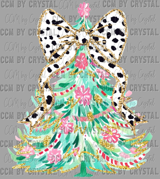 Christmas Tree Brushstrokes with Bow Faux Glitter Ready to Press Transfer DTF Transfer Sublimation Transfer