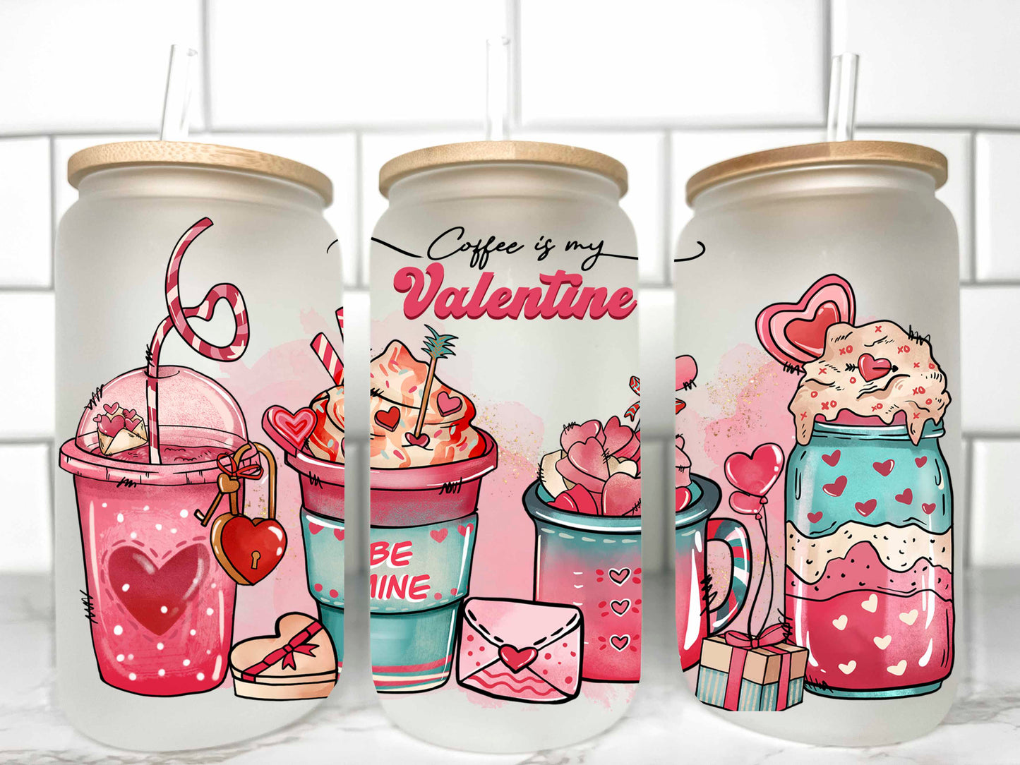 Coffee is My Valentine Valentine's Day UV DTF Transfer 16oz Libby Glass Can Wrap Ready to Apply