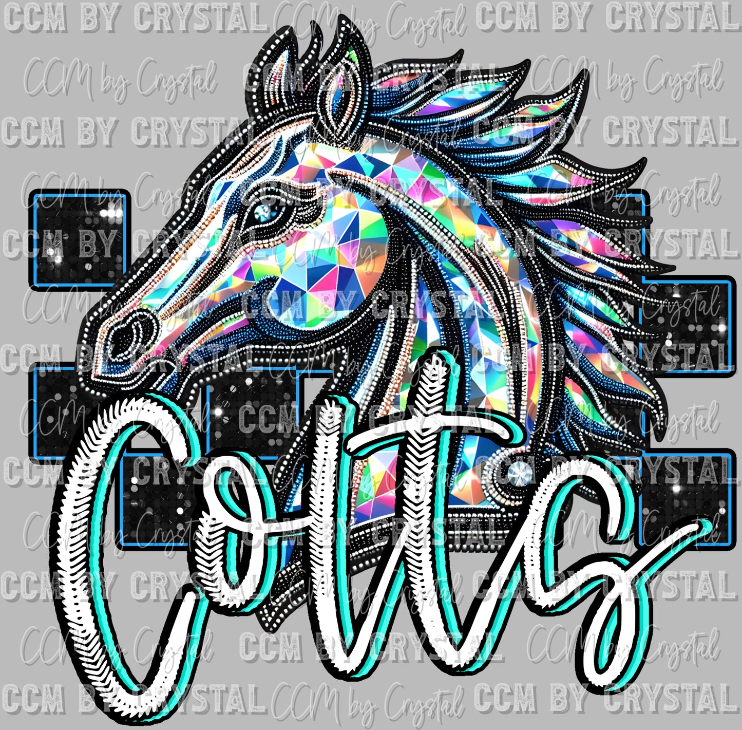 Colts Mascot Faux Rhinestones Effect Ready to Press Transfer DTF Transfer Sublimation Transfer