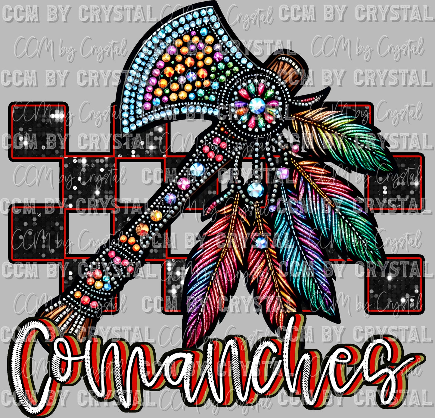 Comanches Mascot Faux Rhinestones Effect Ready to Press Transfer DTF Transfer Sublimation Transfer