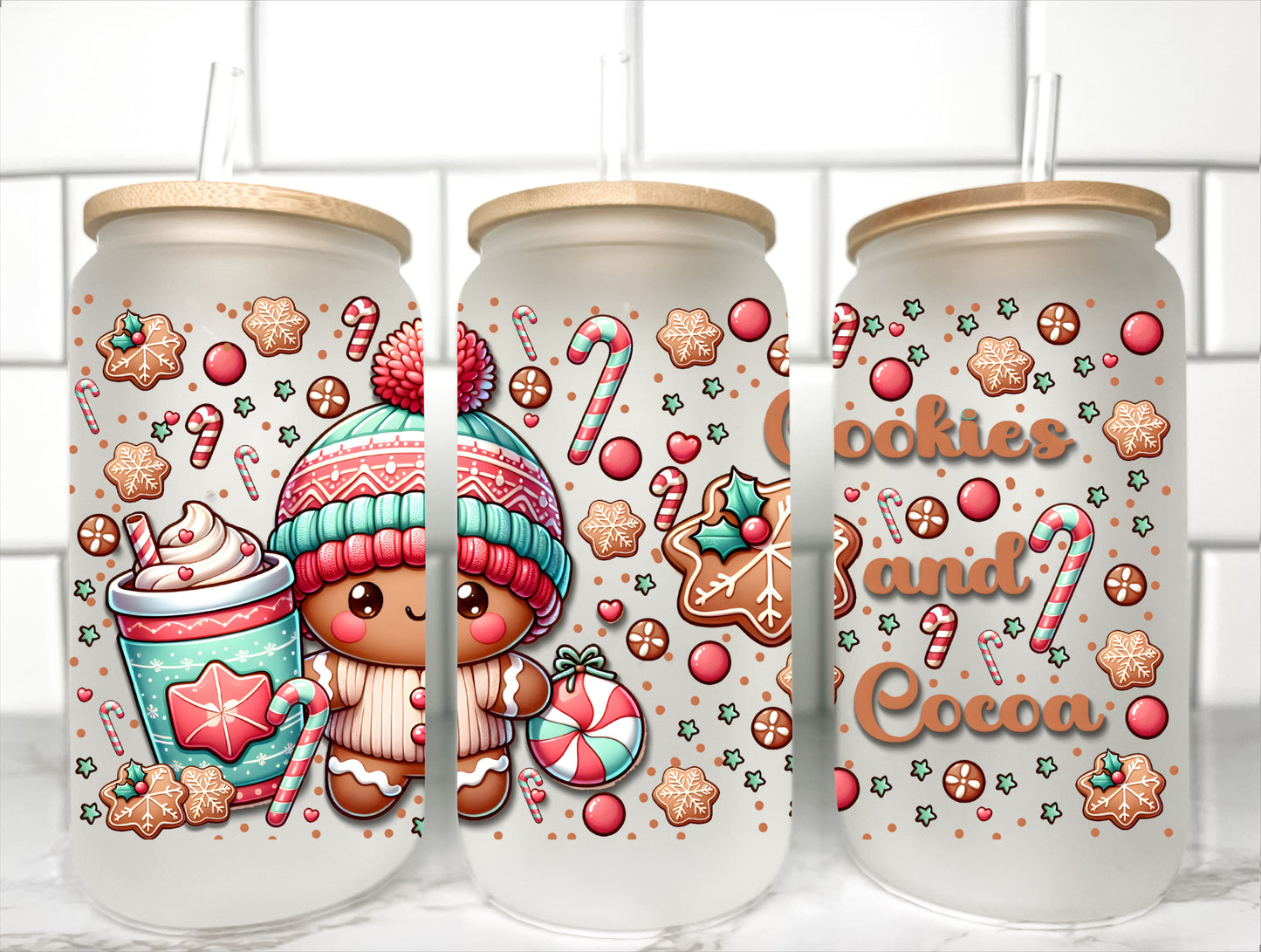 Christmas Cookies and Cocoa UV Transfer 16oz Libby Glass Can Wrap Ready to Apply