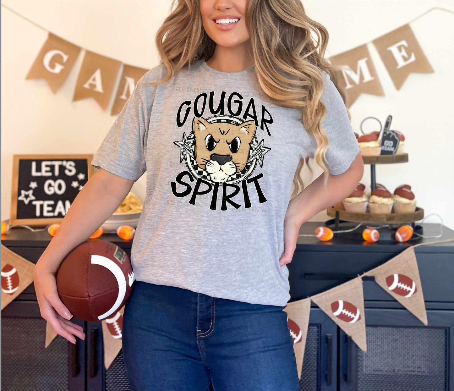 Cougar Spirit Stars Checkered Mascot Sports Ready to Press Transfer DTF Transfer Sublimation Transfer