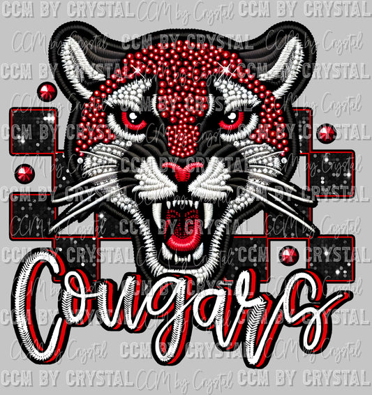 Cougars Red White and Black Mascot Faux Rhinestone Effect Ready to Press Transfer DTF Transfer Sublimation Transfer