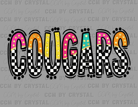 Cougars Colorful Checkered Mascot Ready to Press Transfer DTF Transfer Sublimation Transfer