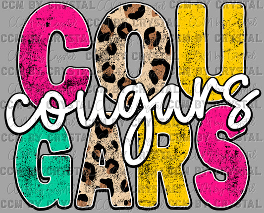 Cougars Colorful Leopard Mascot Ready to Press Transfer DTF Transfer Sublimation Transfer