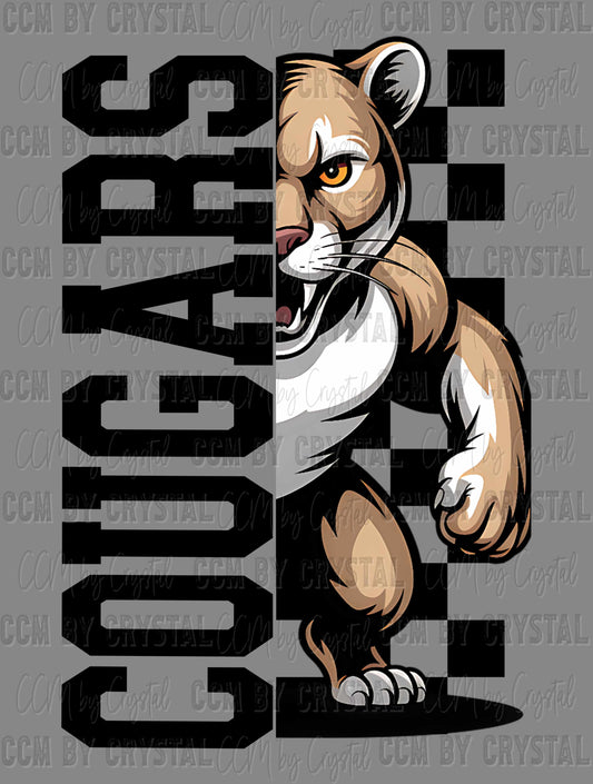 Cougars Checkered Sports Mascot Ready to Press Transfer DTF Transfer Sublimation Transfer