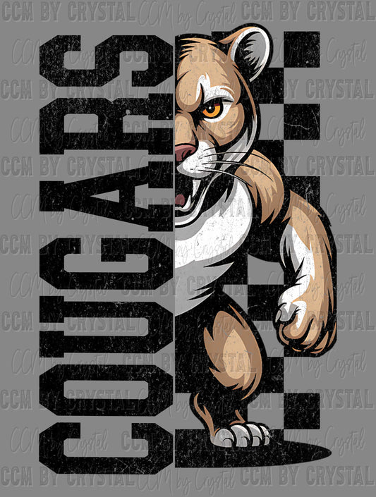 Cougars Grunge Checkered Sports Mascot Ready to Press Transfer DTF Transfer Sublimation Transfer