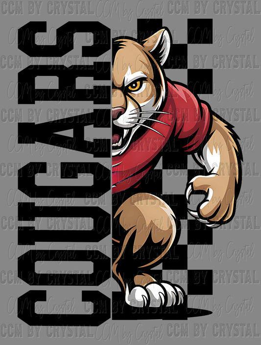 Cougars Checkered Sports Mascot Ready to Press Transfer DTF Transfer Sublimation Transfer