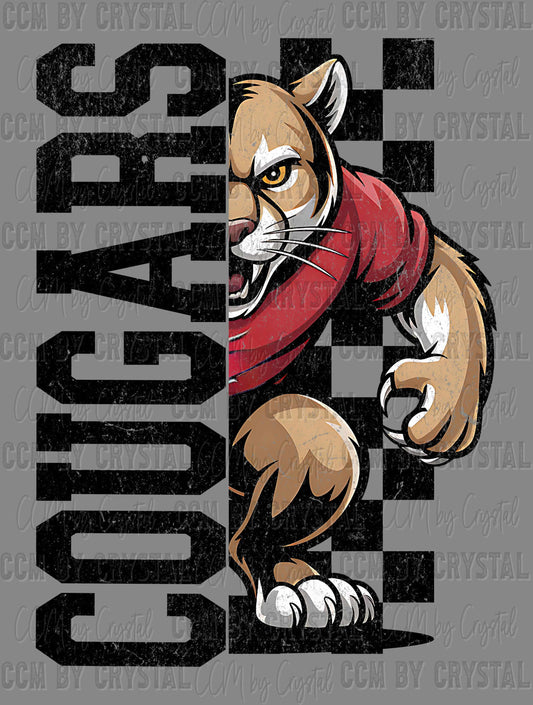Cougars Grunge Checkered Sports Mascot Ready to Press Transfer DTF Transfer Sublimation Transfer