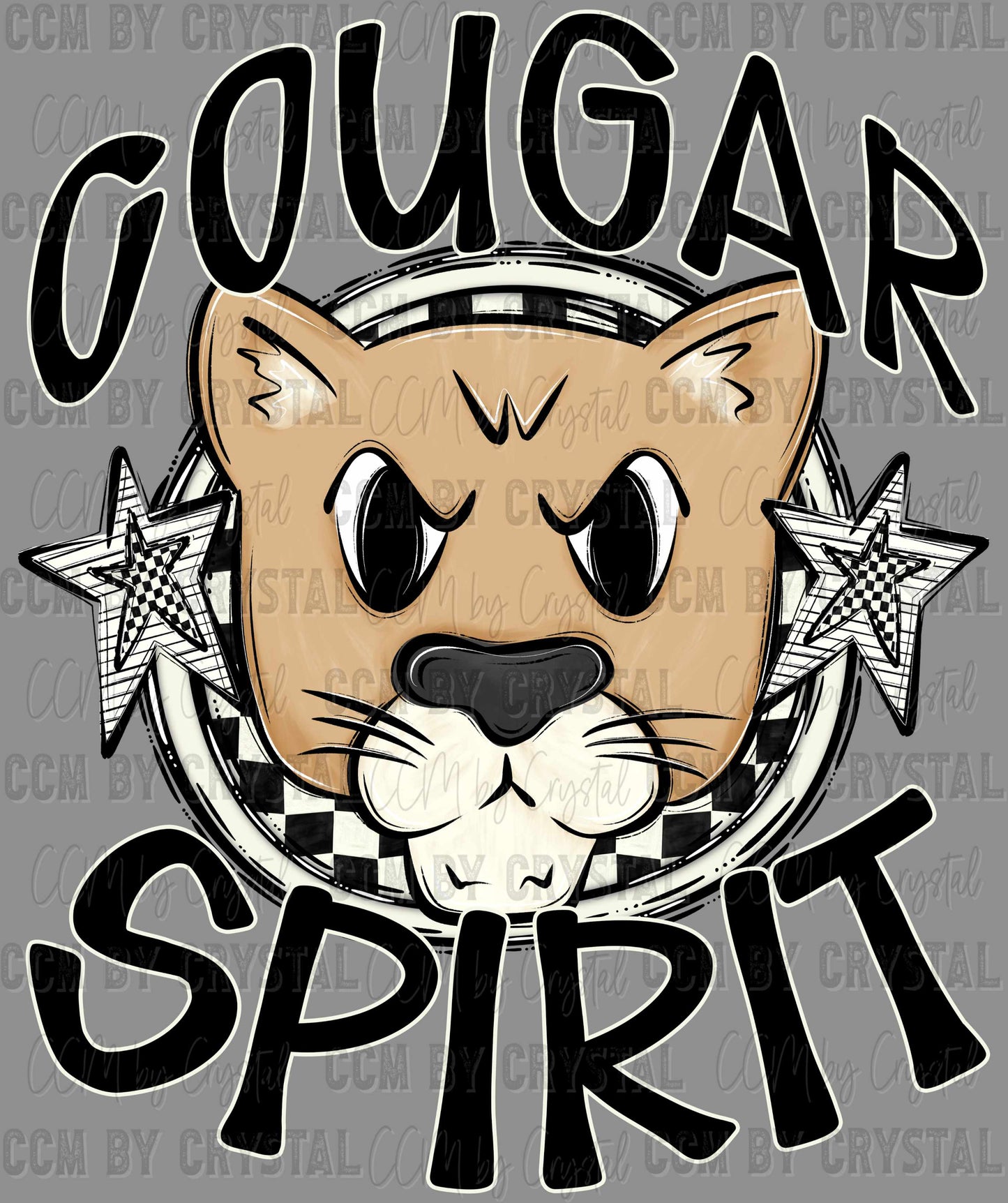 Cougar Spirit Stars Checkered Mascot Sports Ready to Press Transfer DTF Transfer Sublimation Transfer