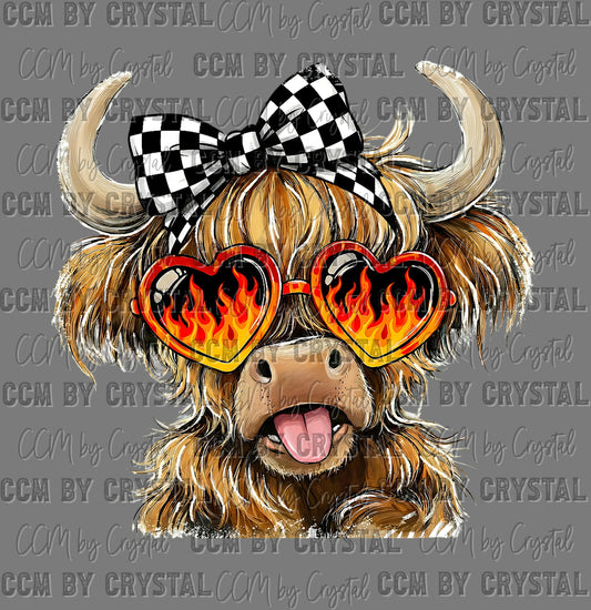 Valentines Day Highland Cow Fire Glasses Ready to Press Instant Peel DTF Transfers Sublimation Transfers