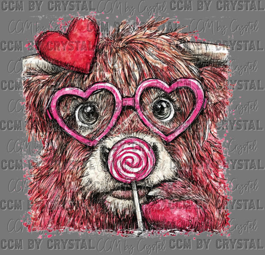 Valentines Day Highland Cow Lollipop Ready to Press Instant Peel DTF Transfers Sublimation Transfers