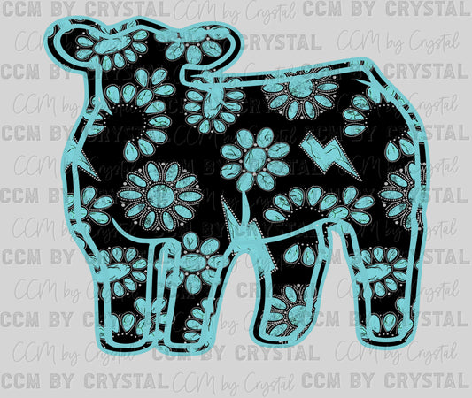 Teal Gem Show Cow Western Rodeo Ready to Press Instant Peel DTF Transfers Sublimation Transfers