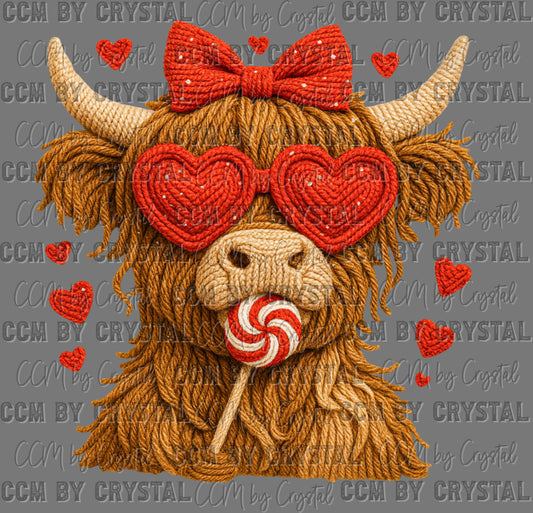 Valentines Day Highland Cow Faux Yarn Ready to Press Instant Peel DTF Transfers Sublimation Transfers