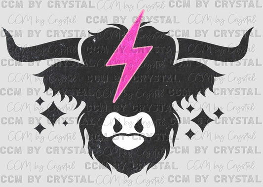 Highland Cow With Pink Lightning Bolt  Ready to Press Transfer