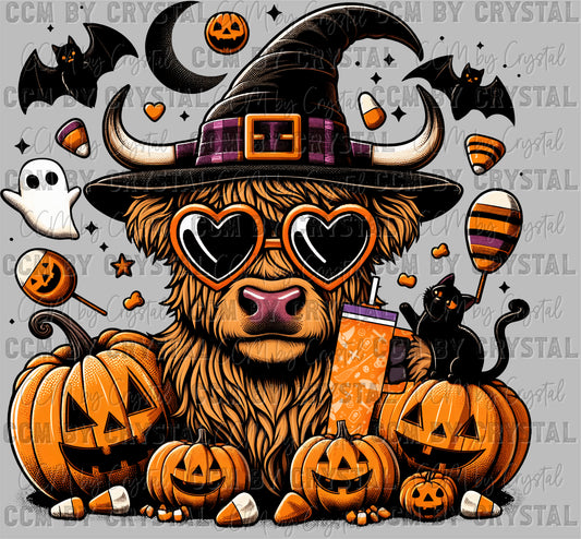 Highland Cow Halloween Black Bats Ready to Press Transfer DTF Transfer Sublimation Transfer