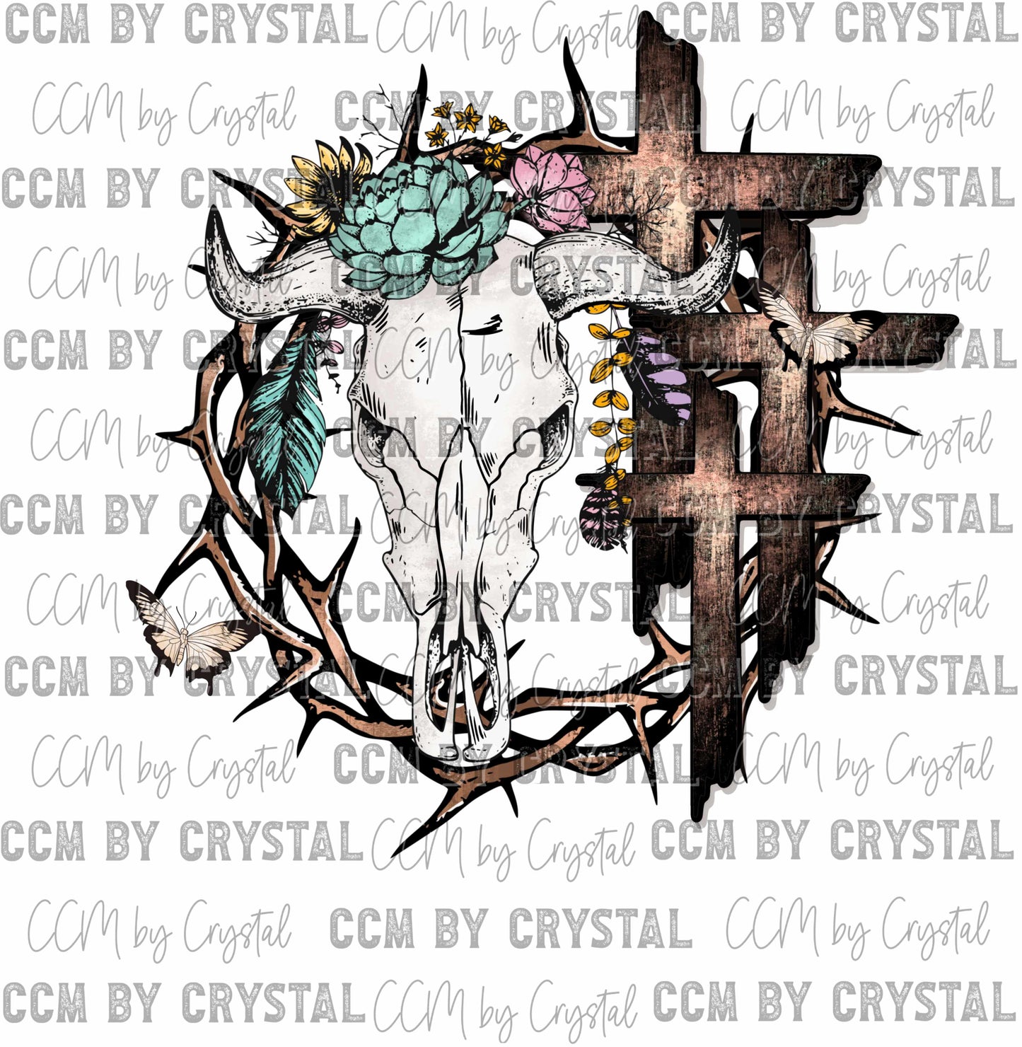 Western Cow Skull with Crosses Ready to Press Transfer