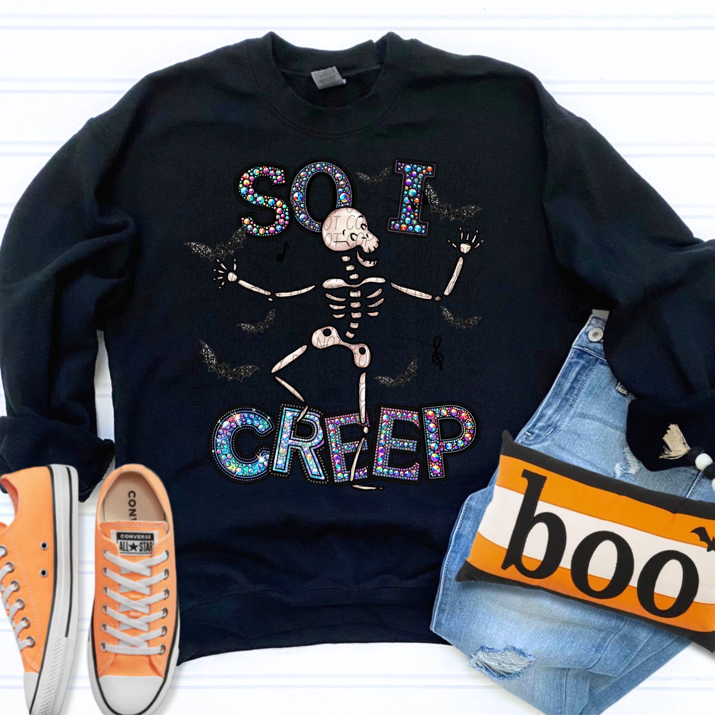 Skeleton So I Creep Halloween Faux Rhinestones Ready to Press Transfer DTF Transfer Sublimation Transfer