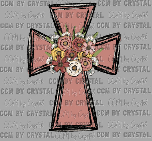 Cross with Flowers Christian Ready to Press Transfer DTF Transfer Sublimation Transfer
