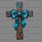 Turquoise Bow Faux Painted Cross Ready to Press Instant Peel DTF Transfers Sublimation Transfers