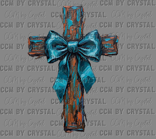 Turquoise Bow Faux Painted Cross Ready to Press Instant Peel DTF Transfers Sublimation Transfers