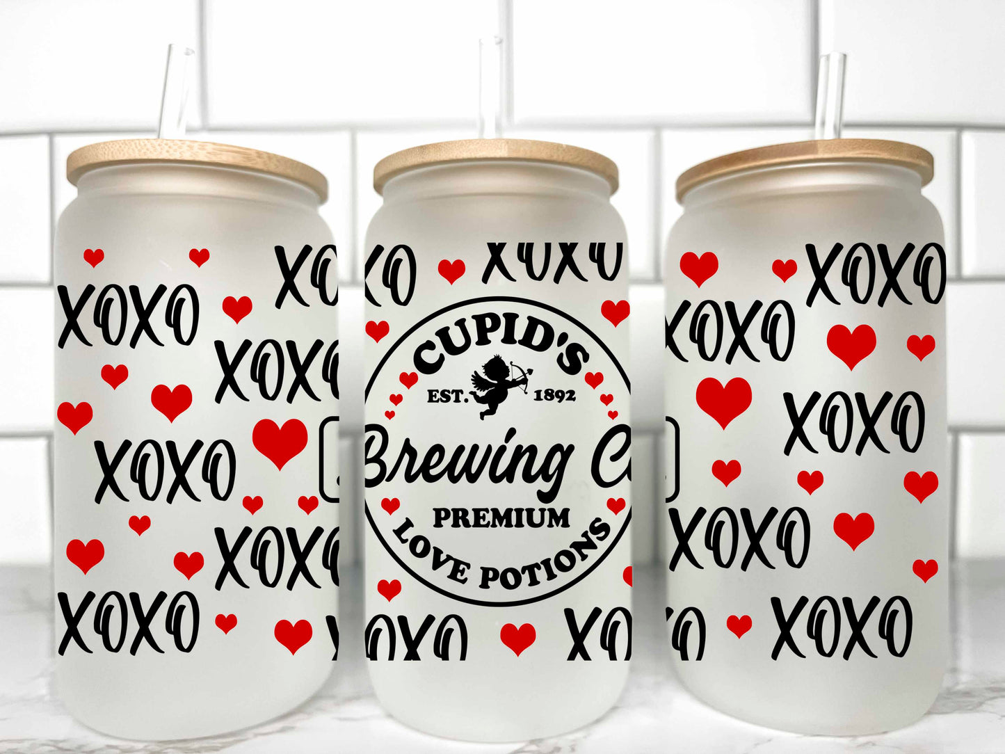 Cupid's Brewing Co XOXO Valentine's Day UV DTF Transfer 16oz Libby Glass Can Wrap Ready to Apply