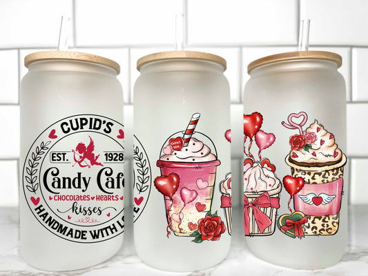 Cupid's Candy Cafe Valentine's Day UV DTF Transfer 16oz Libby Glass Can Wrap Ready to Apply