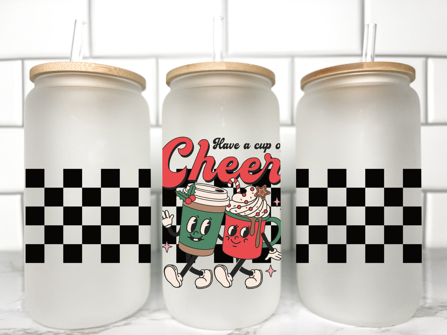 Cup of Cheer Christams UV DTF Transfer 16oz Libby Glass Can Wrap Ready to Apply