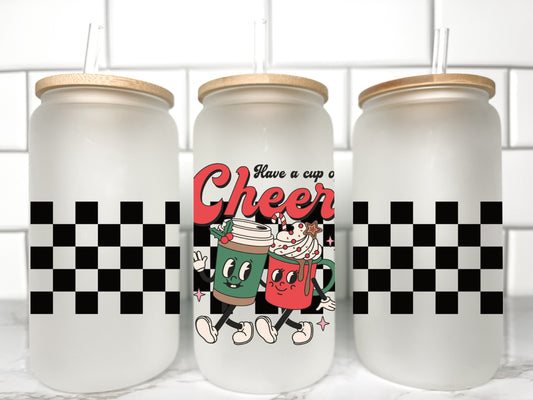 Cup of Cheer Christams UV DTF Transfer 16oz Libby Glass Can Wrap Ready to Apply